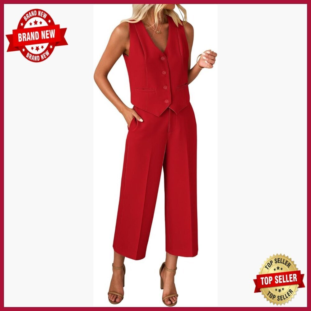 Sleeveless Blazer Vest and Wide Leg Capri Pants 2-Piece Set Work Outfit